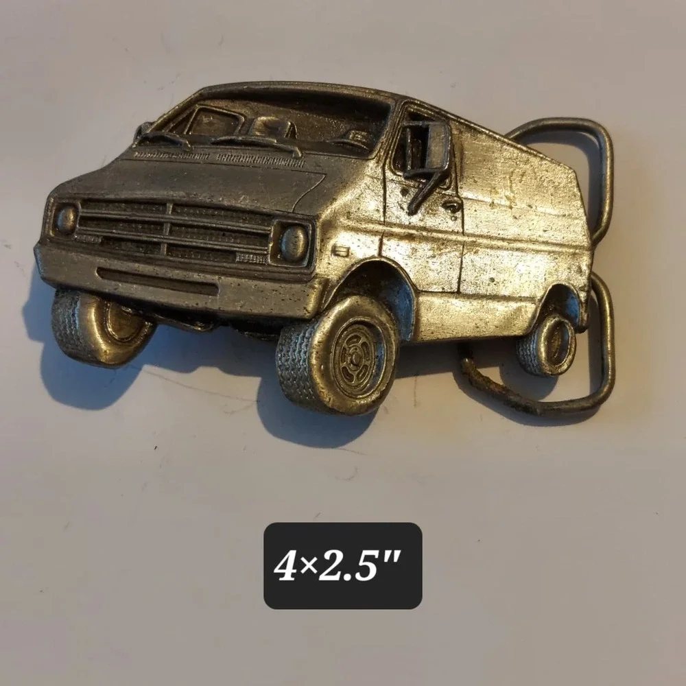 VTG 1978 Bergamot Brass Works Belt Buckle 3D Dodge Van Made in USA Silver 4x2.25